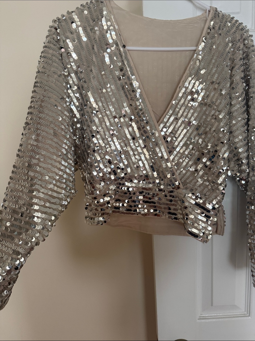 Sequin Wrap V-Neck Cropped Top in Champagne